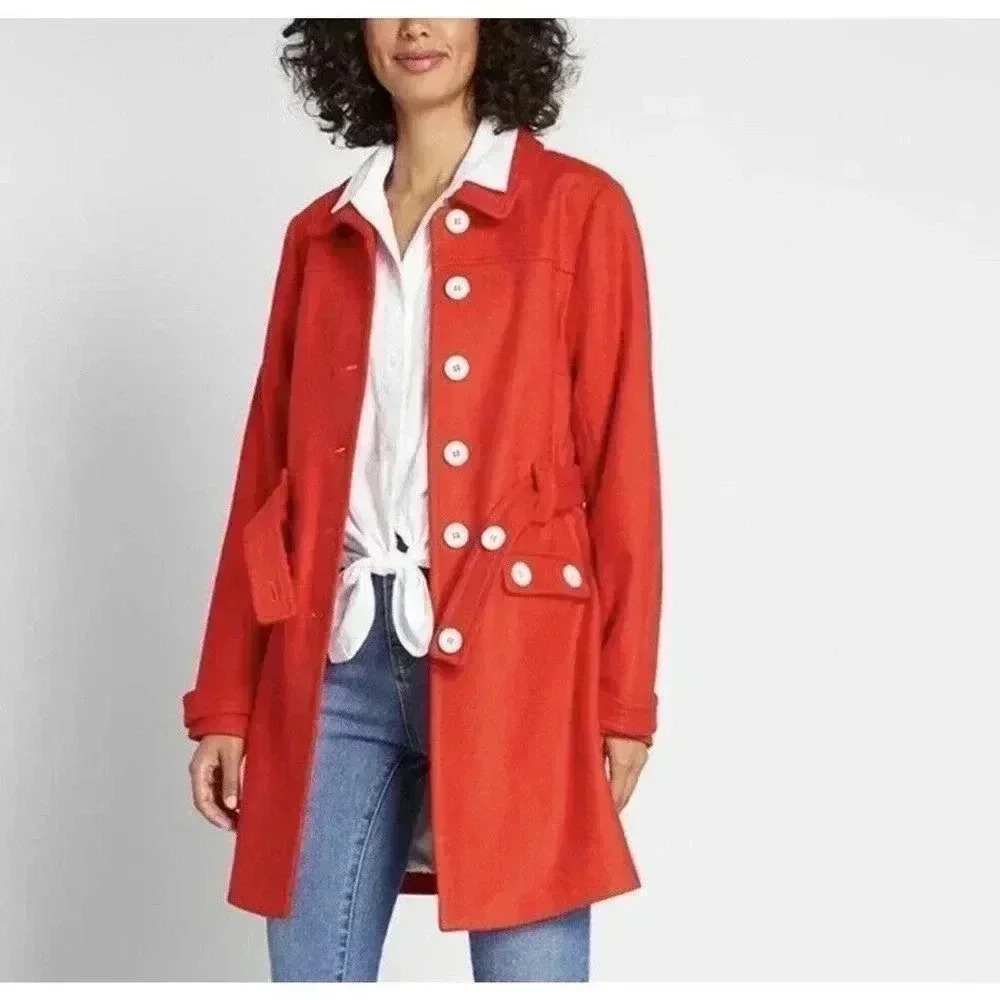 MODCLOTH Wool Coat L Red NWT Peacoat Tie Front Trench Long White Buttons Women’s - Picture 9 of 9